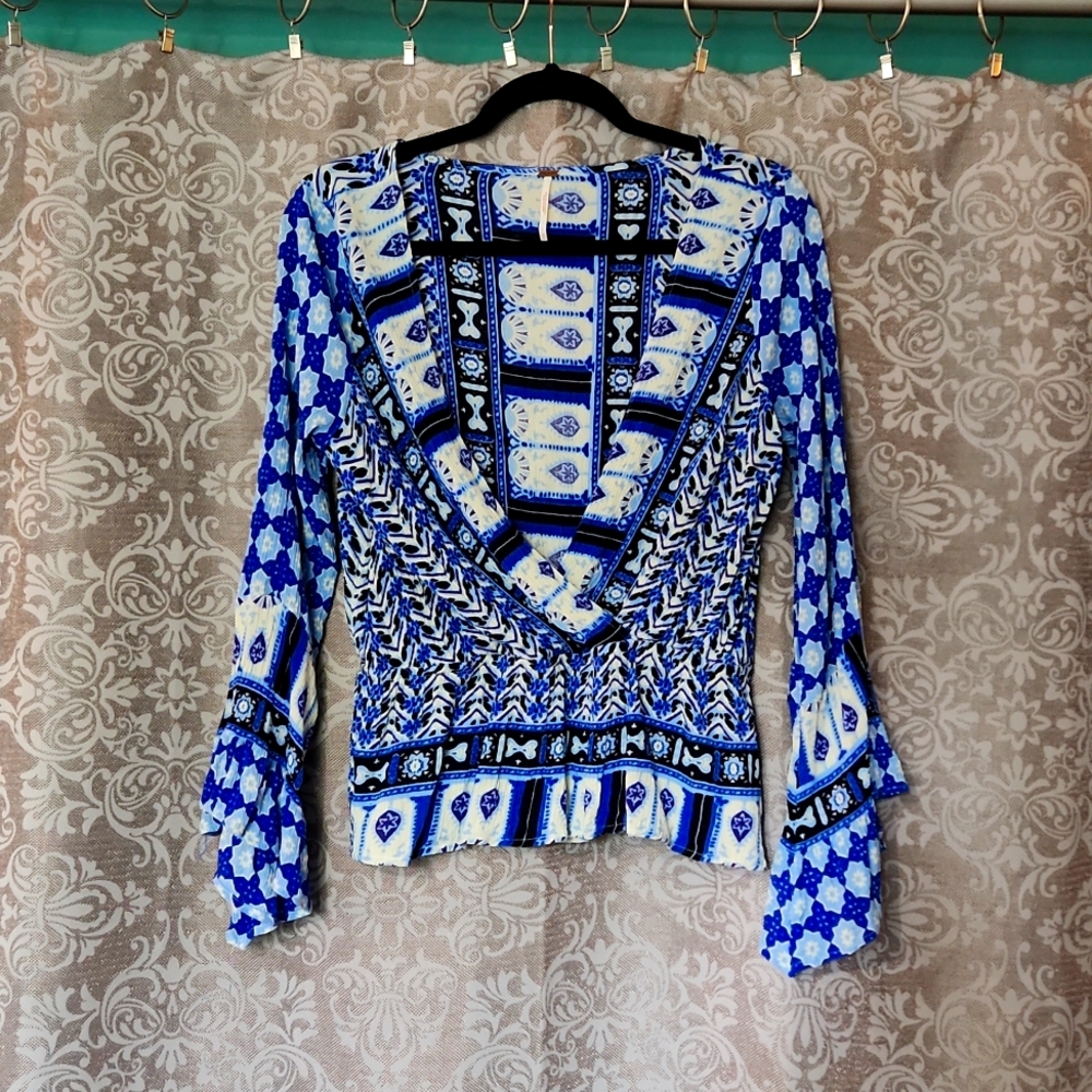 Free People Colorful Bohemian Top size Medium with Flared sleeves
